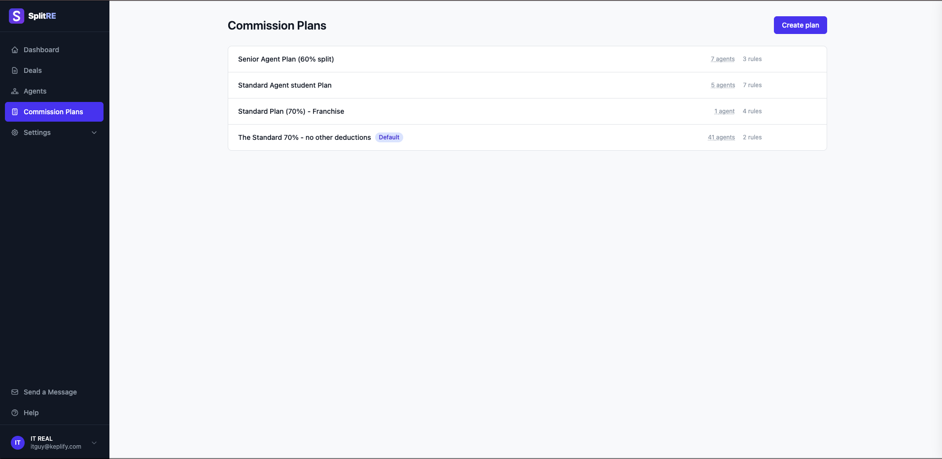 SplitRE Commission Plans list showing multiple named plans, each applied across a different number of agents