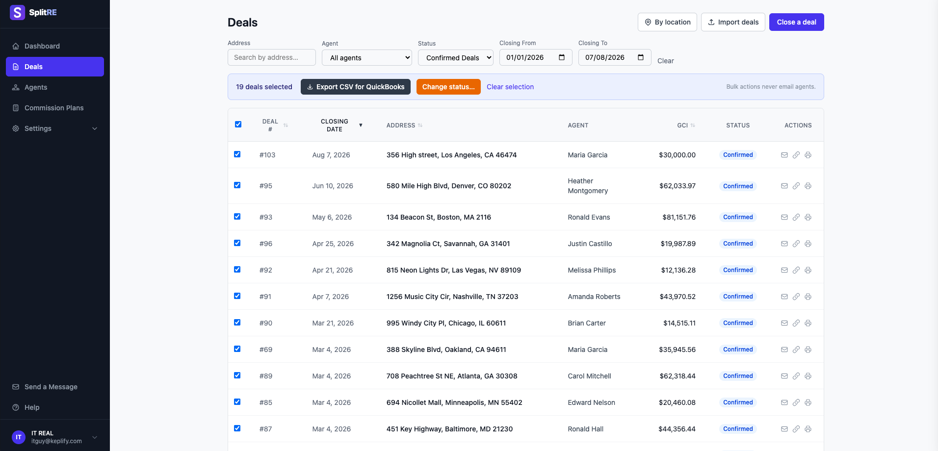 SplitRE deals list with 19 confirmed deals selected and a one-click Export CSV for QuickBooks action