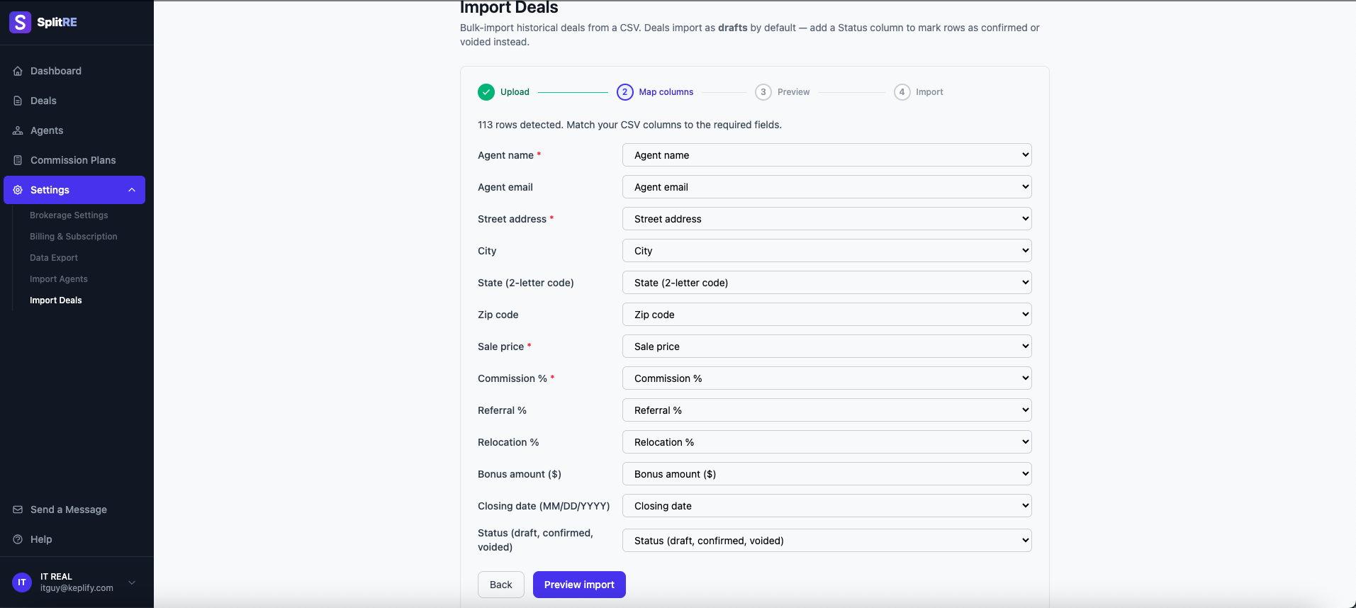 SplitRE CSV import column-mapping step showing 113 rows detected and matched to deal fields